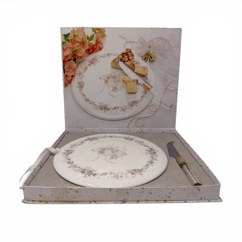 Vintage Mikasa Porcelain Bridal Cake Plate & Knife Set Floral Pink Wedding‎ Box
